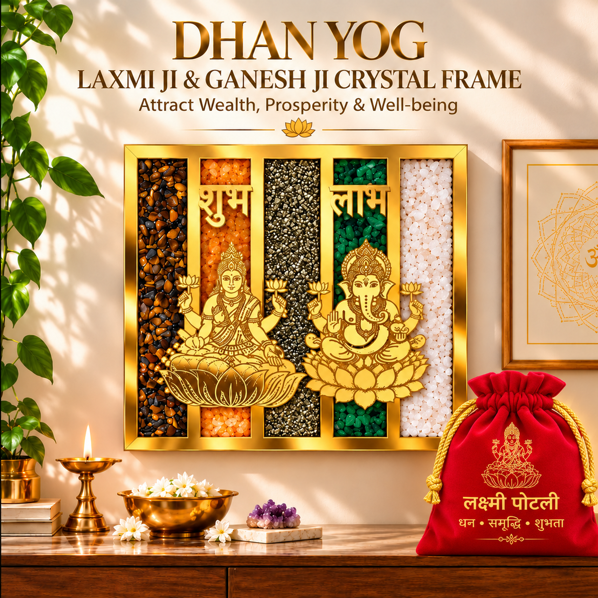 Dhan Yog Laxmi Ji & Ganesh Ji Frame |  12*12 Premium Golden Wall Decor with Divine Lakshmi Potli Combo