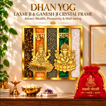 Dhan Yog Laxmi Ji & Ganesh Ji Frame |  12*12 Premium Golden Wall Decor with Divine Lakshmi Potli Combo