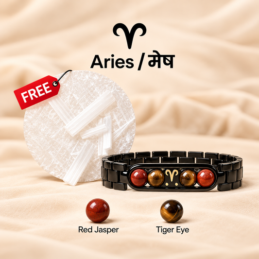 Aries Zodiac Metal Bracelet with Free Raw Selenite Plate