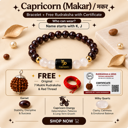 Capricorn (मकर राशि) Zodiac Garnet & Milky Quartz Bracelet with Free 7 Mukhi Rudraksha