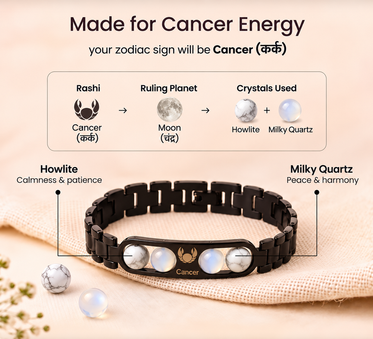Cancer Zodiac Metal Bracelet with Free Raw Selenite Plate