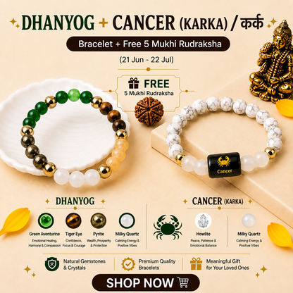 Cancer (कर्क राशि) Zodiac & DhanYog Bracelet + FREE 5 Mukhi Rudraksha