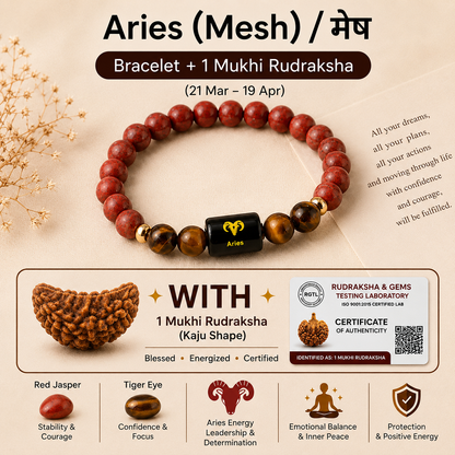 Aries (मेष राशि) Zodiac Red Jasper & Tiger Eye Bracelet  with 1 Mukhi Rudraksha