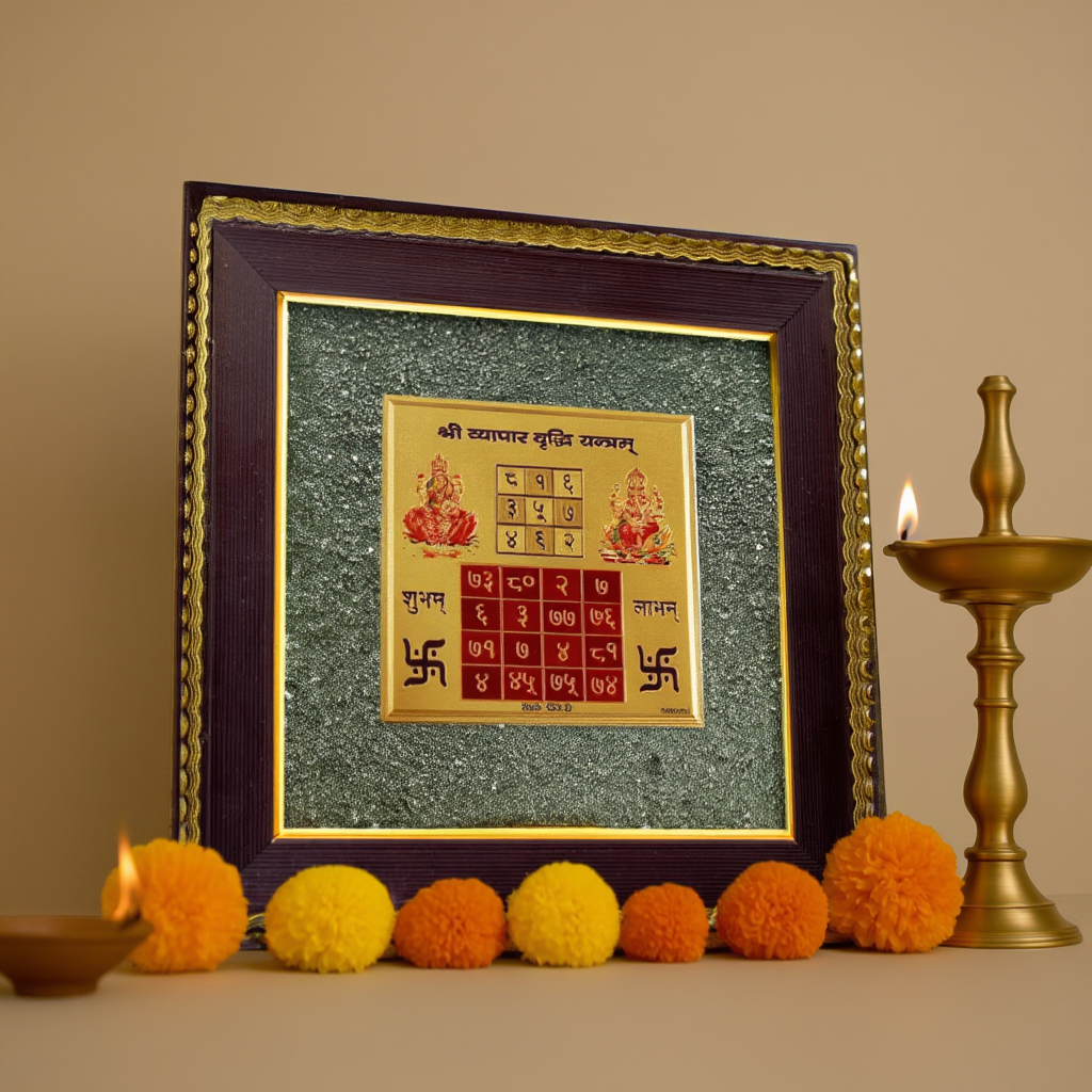 Vyapar Vridhhi Yantra raw pyrite frame for business and wealth.