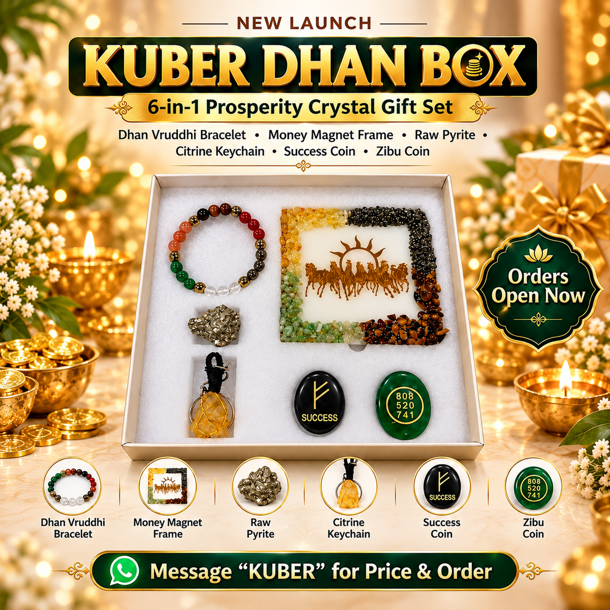 Kuber Dhan Box 6-in-1 Prosperity Crystal Gift Set | Dhan Vruddhi Bracelet, Money Magnet Frame & Citrine Keychain