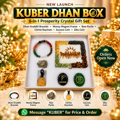 Kuber Dhan Box 6-in-1 Prosperity Crystal Gift Set | Dhan Vruddhi Bracelet, Money Magnet Frame & Citrine Keychain
