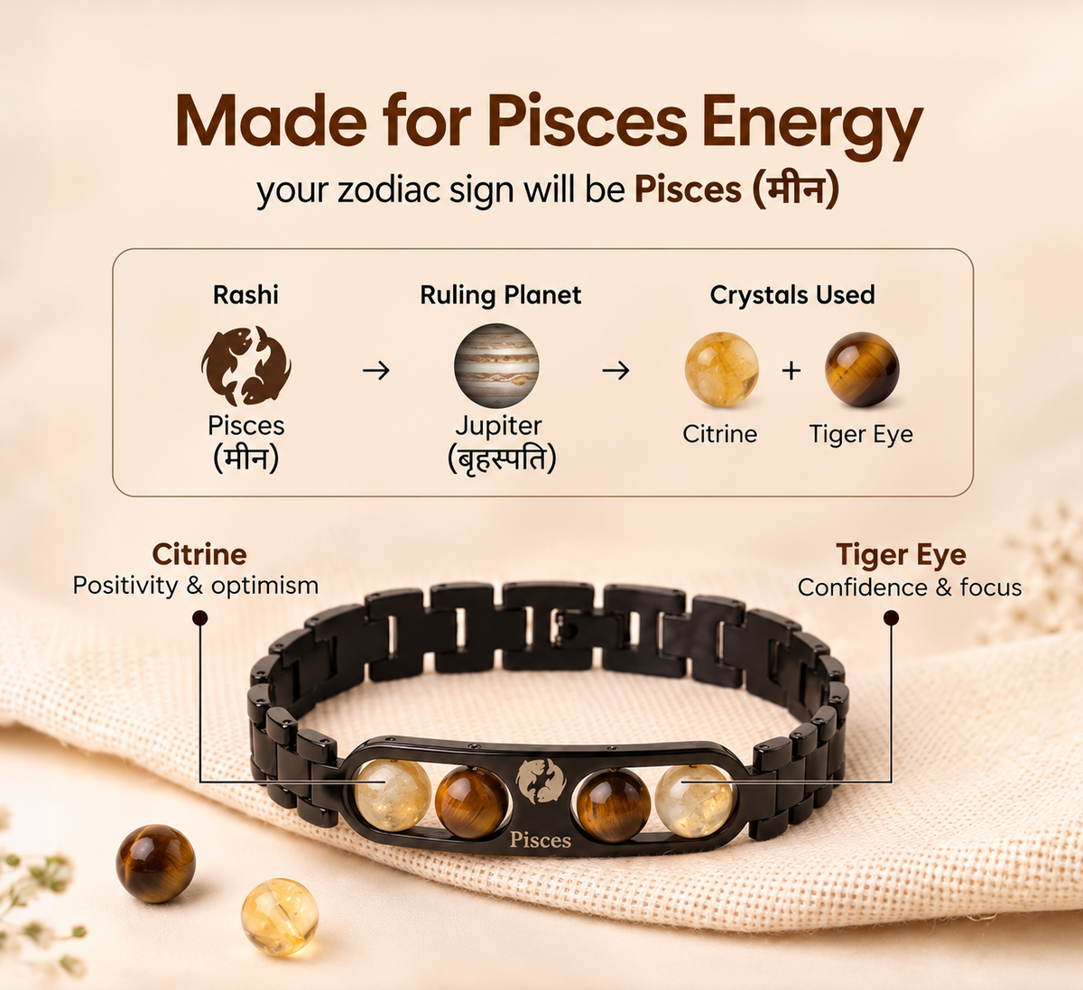Pisces Zodiac Metal Bracelet with Free Raw Selenite Plate