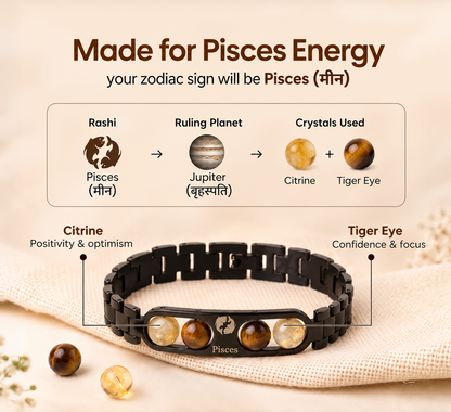 Pisces Zodiac Metal Bracelet with Free Raw Selenite Plate