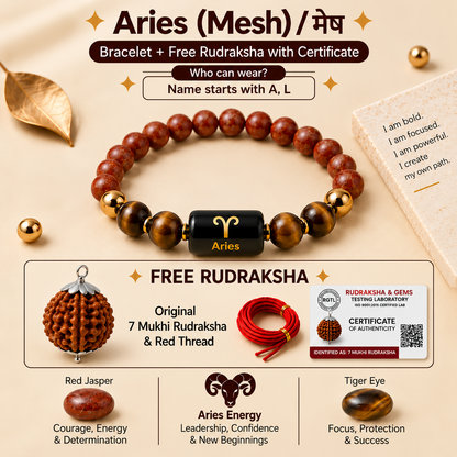 Aries (मेष राशि) Zodiac Red Jasper & Tiger Eye Bracelet  with Free 7 Mukhi Rudraksha