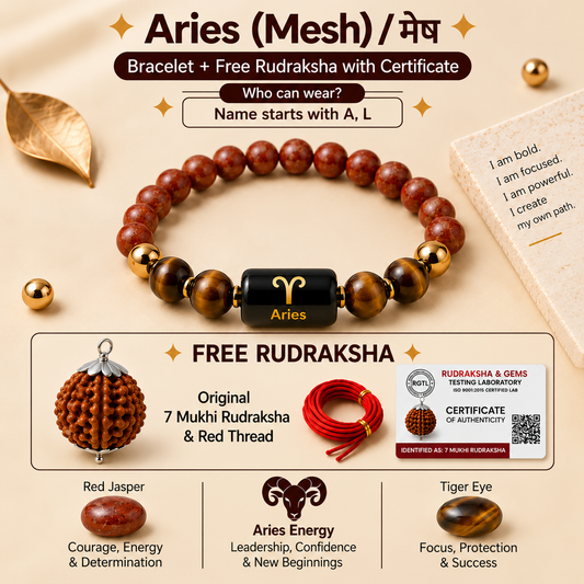 Aries (मेष राशि) Zodiac Red Jasper & Tiger Eye Bracelet  with Free 7 Mukhi Rudraksha