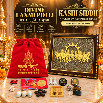Kashi siddh 7 horses Raw pyrite frame  & Divine Laxmi Potli