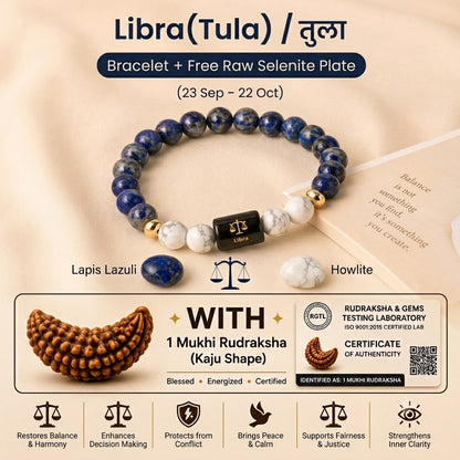 Libra (तुला राशि) Zodiac LapisLazuli & Howlite Bracelet with 1 Mukhi Rudraksha