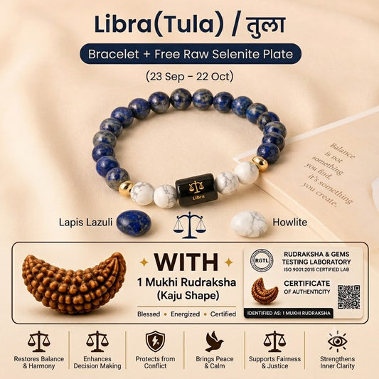 Libra (तुला राशि) Zodiac LapisLazuli & Howlite Bracelet with 1 Mukhi Rudraksha