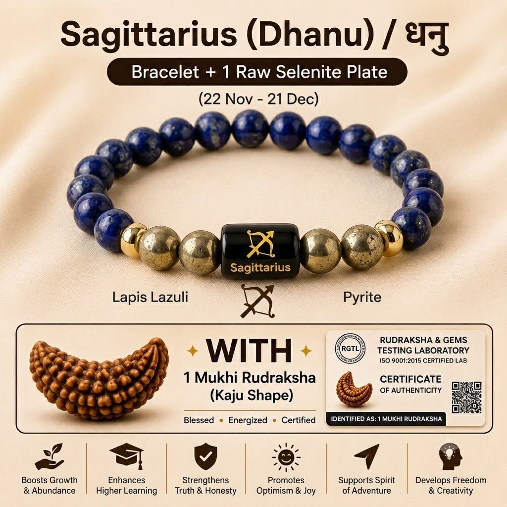 Sagittarius (धनु राशि) Zodiac Black Obsidian & Lapis Lazuli Bracelet with 1 Mukhi Rudraksha