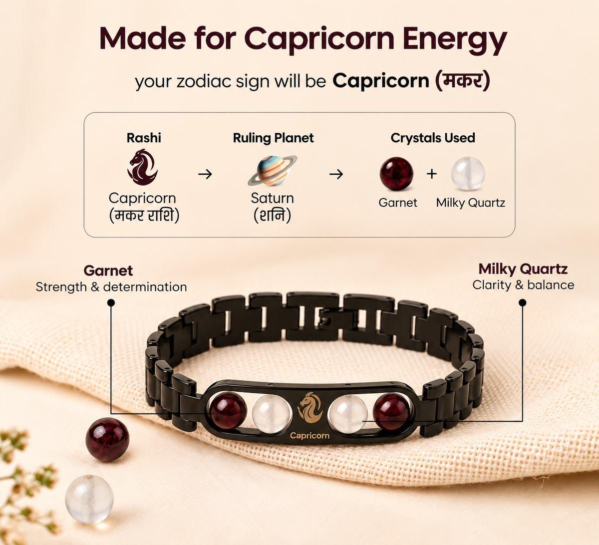 Capricorn Zodiac Metal Bracelet with Free Raw Selenite Plate