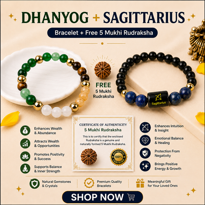 Sagittarius (धनु राशि) Zodiac & DhanYog Bracelet + FREE 5 Mukhi Rudraksha