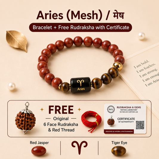 Aries (मेष राशि) Zodiac Red Jasper & Tiger Eye Bracelet  with Free Rudraksha