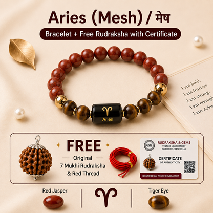 Aries (मेष राशि) Zodiac Red Jasper & Tiger Eye Bracelet  with Free 7 Mukhi Rudraksha