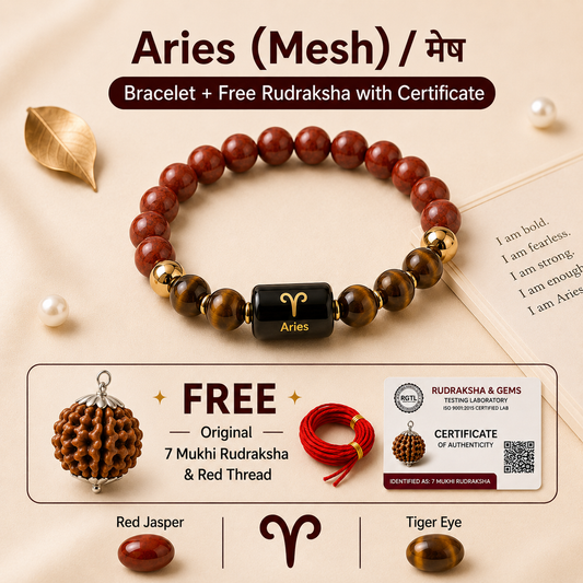 Aries (मेष राशि) Zodiac Red Jasper & Tiger Eye Bracelet  with Free 7 Mukhi Rudraksha