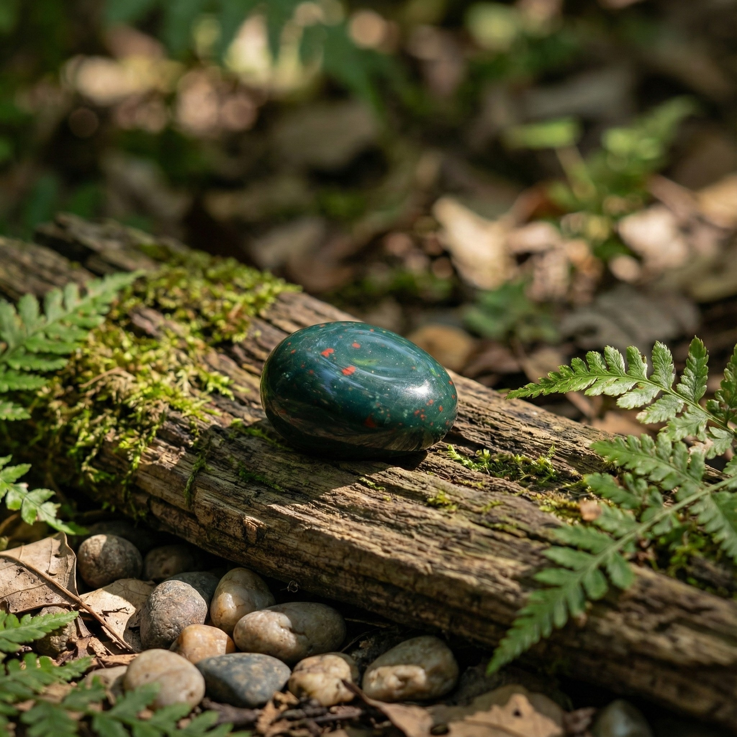 Polished Bloodstone tumble with deep green color and natural red spots, known for protection, grounding, and courage.