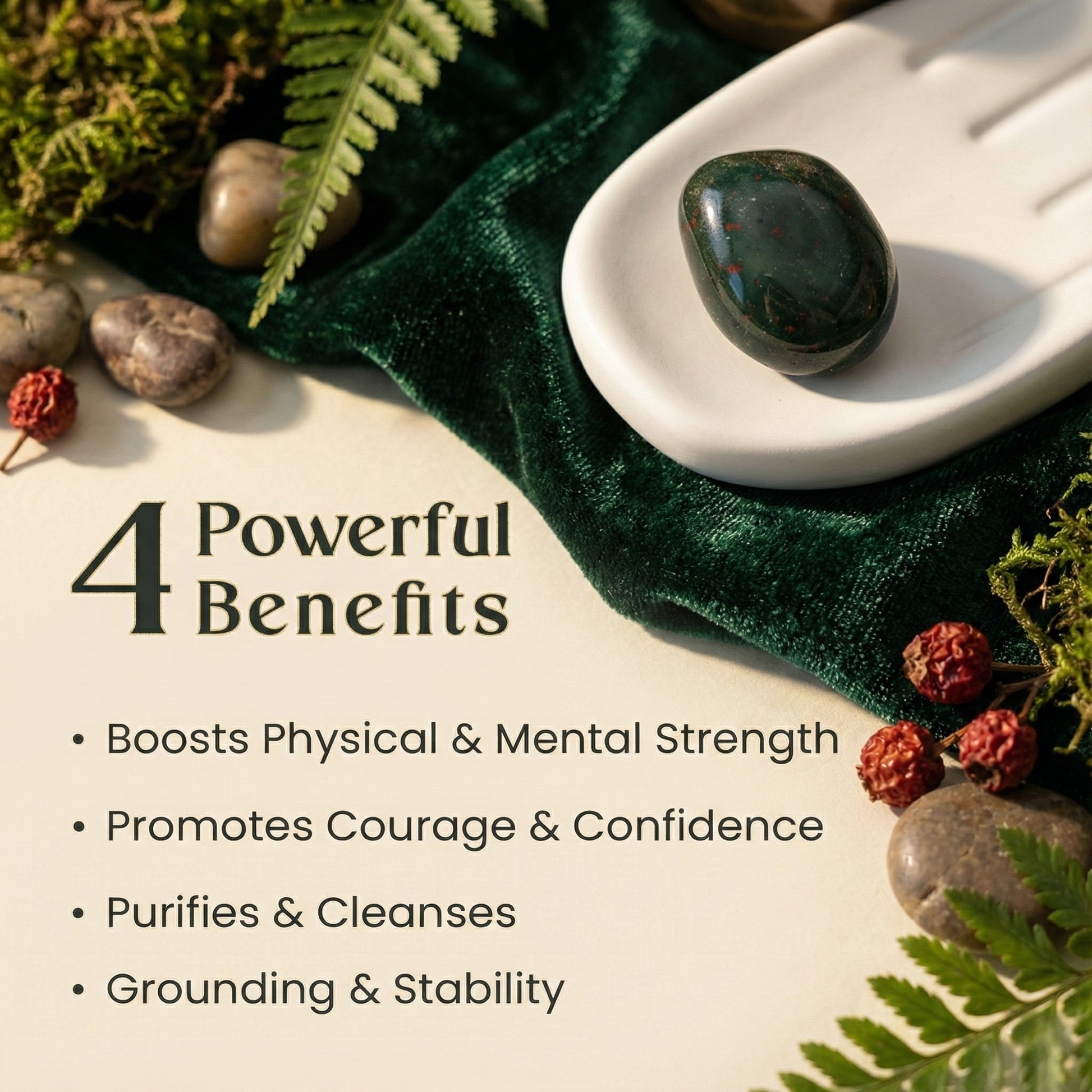 Polished Bloodstone tumble with deep green color and natural red spots, known for protection, grounding, and courage.