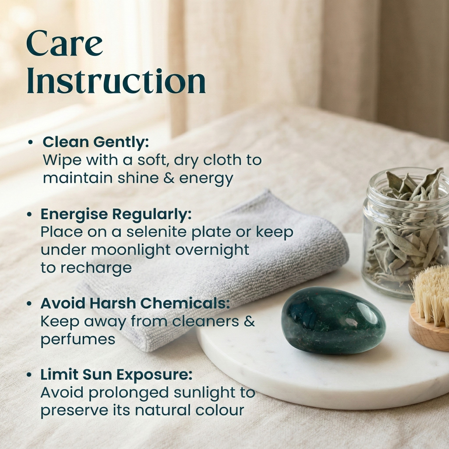 Polished Bloodstone tumble with deep green color and natural red spots, known for protection, grounding, and courage.