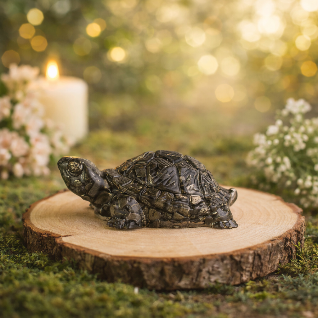 A Vastu-compliant tortoise figurine carved from natural golden pyrite crystal. The tortoise features a detailed shell with the characteristic metallic luster and brassy-yellow hues of pyrite, symbolizing the merger of stability and financial abundance.