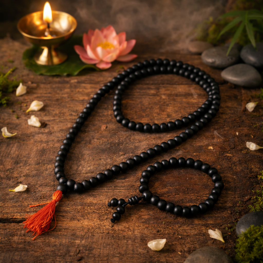 A spiritual combo set featuring a Karungali Malai and a matching bracelet, both made from 8mm genuine black ebony wood beads. The set is displayed alongside its official Government Laboratory Certificate, verifying the authenticity of the wood. The beads have a smooth, natural matte finish and are strung on a durable cord.