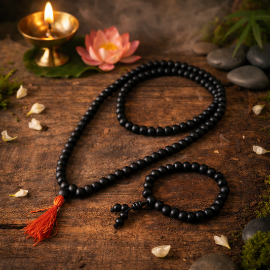 A spiritual combo set featuring a Karungali Malai and a matching bracelet, both made from 8mm genuine black ebony wood beads. The set is displayed alongside its official Government Laboratory Certificate, verifying the authenticity of the wood. The beads have a smooth, natural matte finish and are strung on a durable cord.