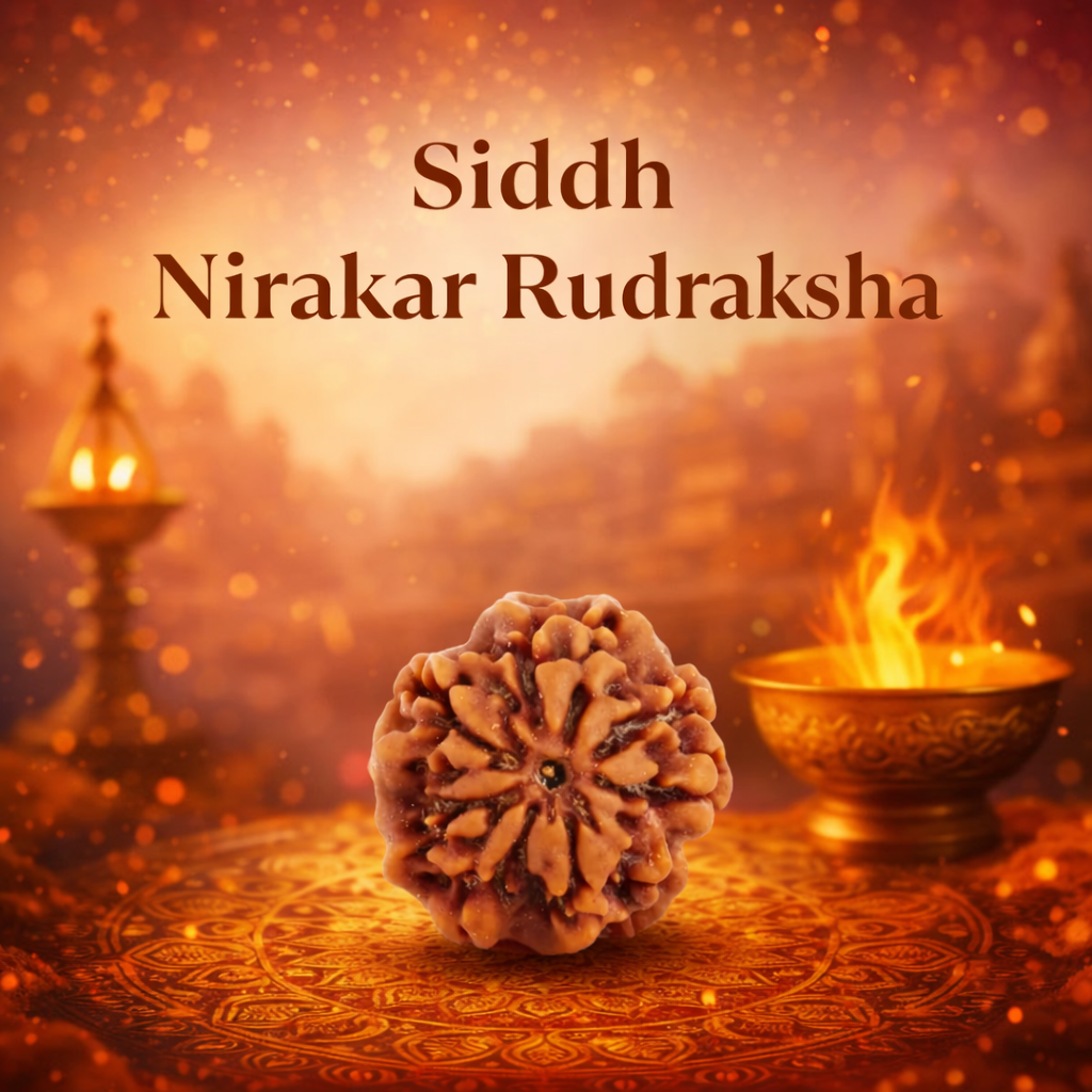 A rare Siddh Nirakar Rudraksha bead from Nepal, characterized by its naturally smooth surface with zero Mukhi lines. The mahogany-colored seed represents the formless aspect of Lord Shiva, symbolizing the infinite state of Shunya and pure spiritual potential.