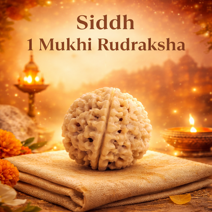 An exceptionally rare Siddh 1 Mukhi Rudraksha bead, featuring a single, unbroken natural line running from the top to the bottom of the seed. The bead has a rich mahogany color and a dense, robust texture, symbolizing the singular consciousness of Lord Shiva and the power of the Sun.