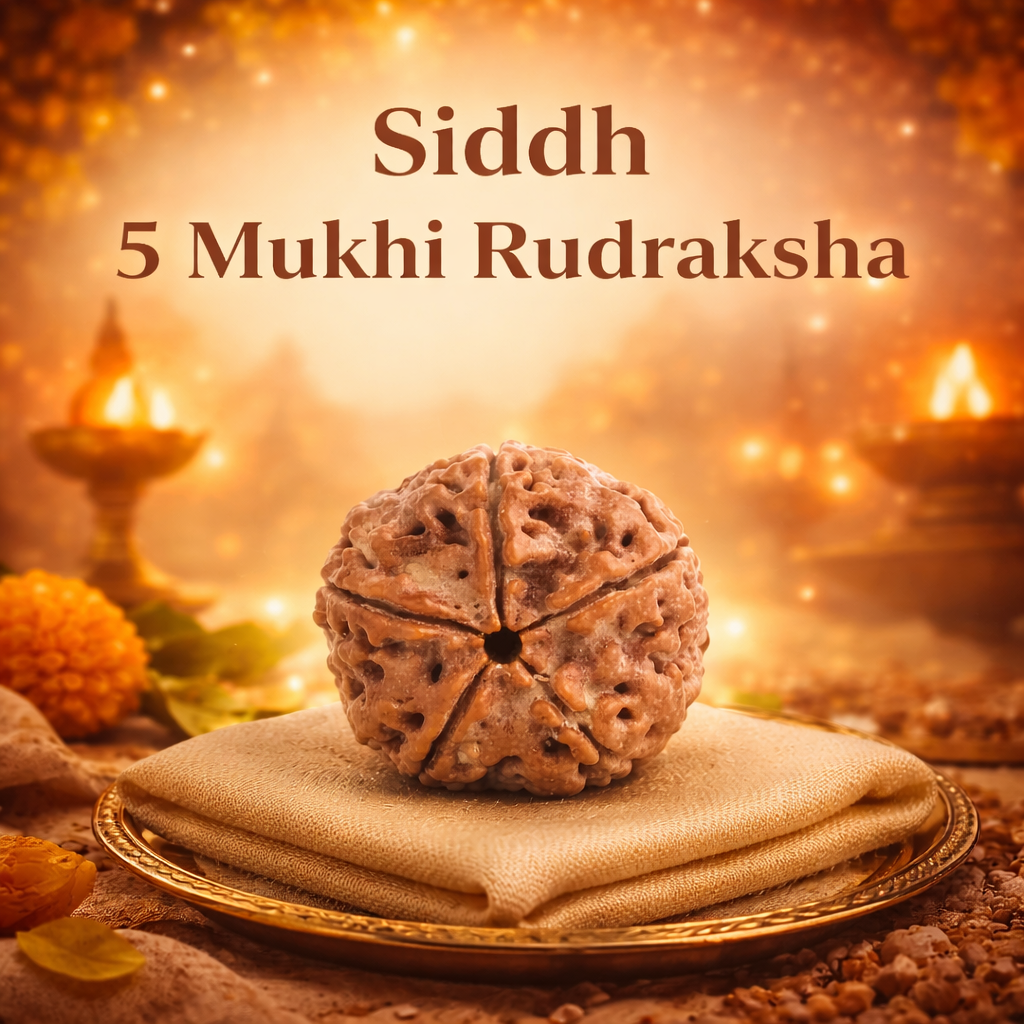 A high-quality Siddh 5 Mukhi Rudraksha bead from Nepal, signifying Lord Kalagni Rudra. The image displays a natural brown seed with five clearly defined vertical lines or 'faces' running from top to bottom, symbolizing health, peace, and spiritual purification.