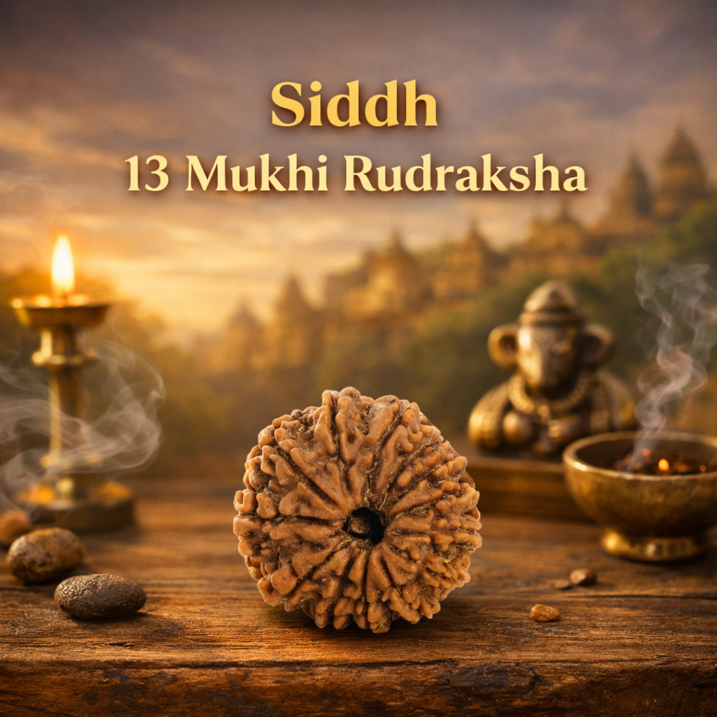 A rare Siddh 13 Mukhi Rudraksha bead from Nepal, associated with Lord Kamadeva and Lord Indra. The image displays a large, high-grade mahogany seed with 13 distinct, natural lines running vertically from top to bottom, symbolizing charm, charisma, and worldly success.