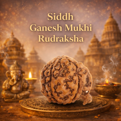 A rare Siddh Ganesh Mukhi Rudraksha from Nepal, featuring a prominent natural protrusion resembling the trunk of an elephant. The mahogany-colored bead has deep vertical grooves and a rugged texture, symbolizing the presence of Lord Ganesha as the remover of obstacles.