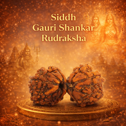 A rare Siddh Gauri Shankar Rudraksha from Nepal, featuring two naturally joined Rudraksha beads representing the union of Lord Shiva and Goddess Parvati. The beads are fused together along their sides, showing deep natural grooves and a rich mahogany texture, symbolizing harmony and divine partnership.