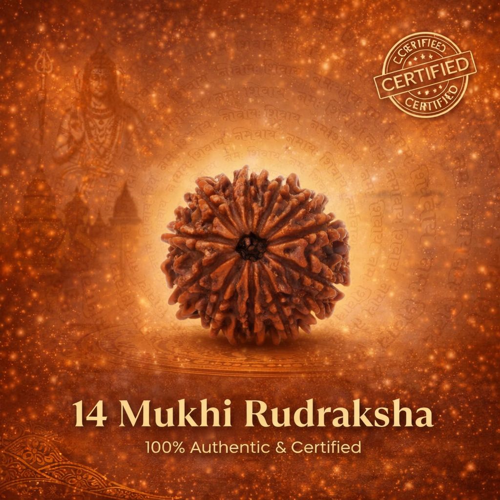 A rare Siddh 14 Mukhi Rudraksha bead from Nepal, known as the Dev Mani. The image shows a large, high-grade mahogany-colored seed with 14 distinct, deep natural grooves running from top to bottom. Its surface is exceptionally robust and well-defined, symbolizing the protective power of Lord Hanuman.
