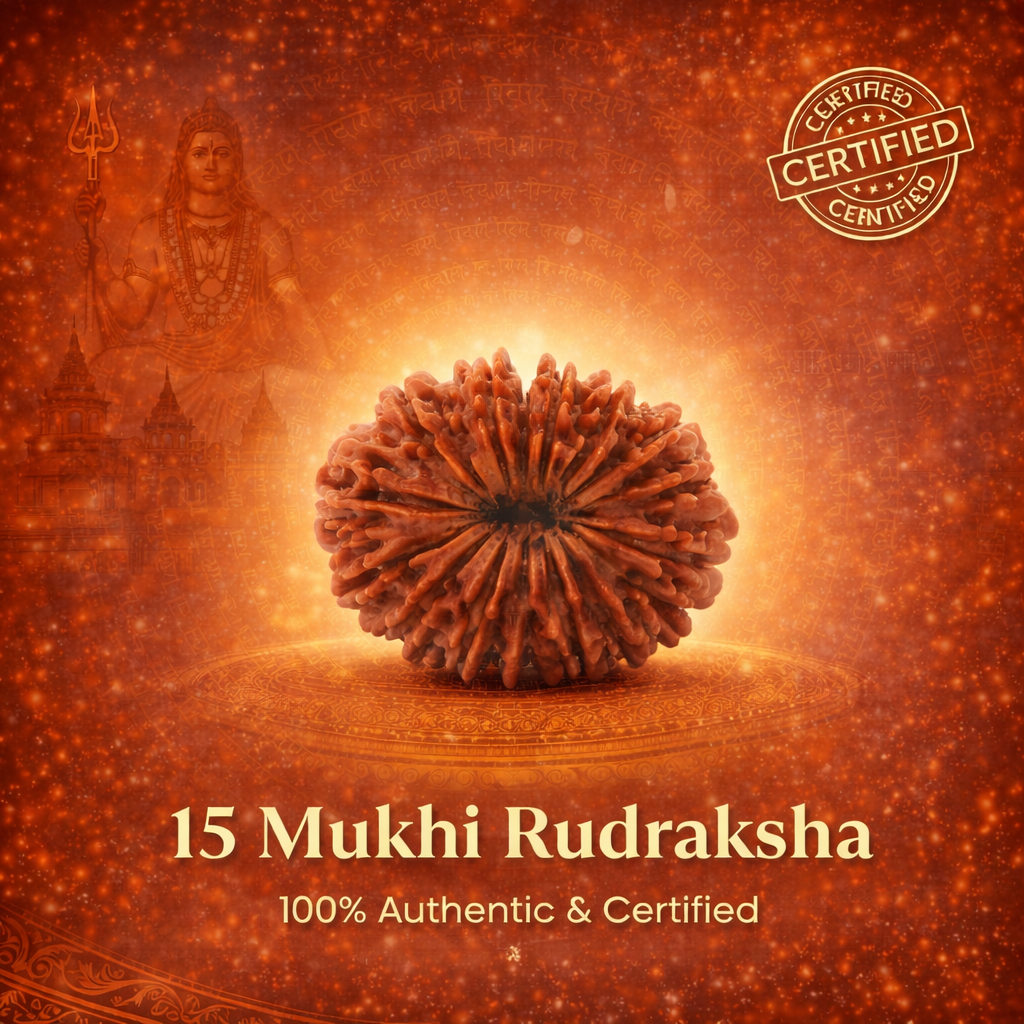 A rare Siddh 15 Mukhi Rudraksha bead from Nepal, symbolizing Lord Pashupatinath. The image displays a large, well-formed brown seed with 15 distinct natural lines radiating from the top to the bottom. Its surface is dense and richly textured, representing emotional healing and economic success.