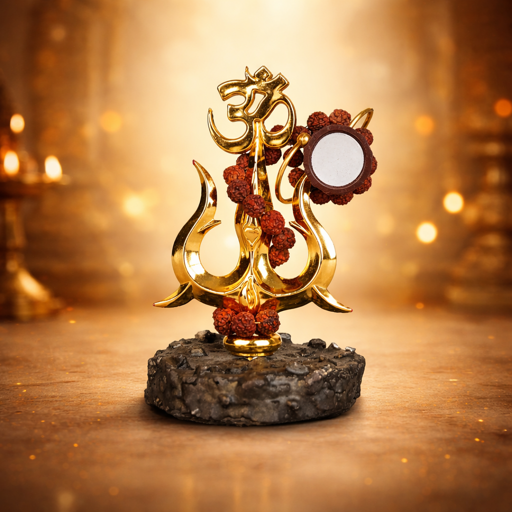 A handcrafted Shiva Shakti Trishul made of polished brass, featuring a central spear flanked by two curved outer blades. A small wooden Damru is tied to the shaft with a sacred red and yellow thread, symbolizing the balance of creation and destruction.