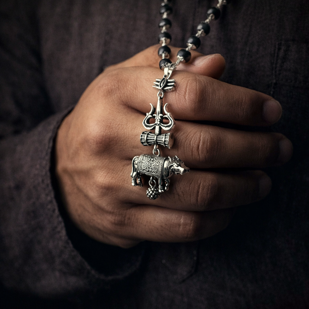 A sacred Shiv Raksha mala featuring 108 polished black Karungali (Ebony wood) beads. The mala is adorned with a detailed metallic pendant featuring Lord Shiva’s Trishul and Nandi the bull, symbolizing ultimate protection and devotion.