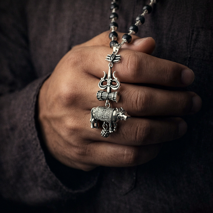 A sacred Shiv Raksha mala featuring 108 polished black Karungali (Ebony wood) beads. The mala is adorned with a detailed metallic pendant featuring Lord Shiva’s Trishul and Nandi the bull, symbolizing ultimate protection and devotion.