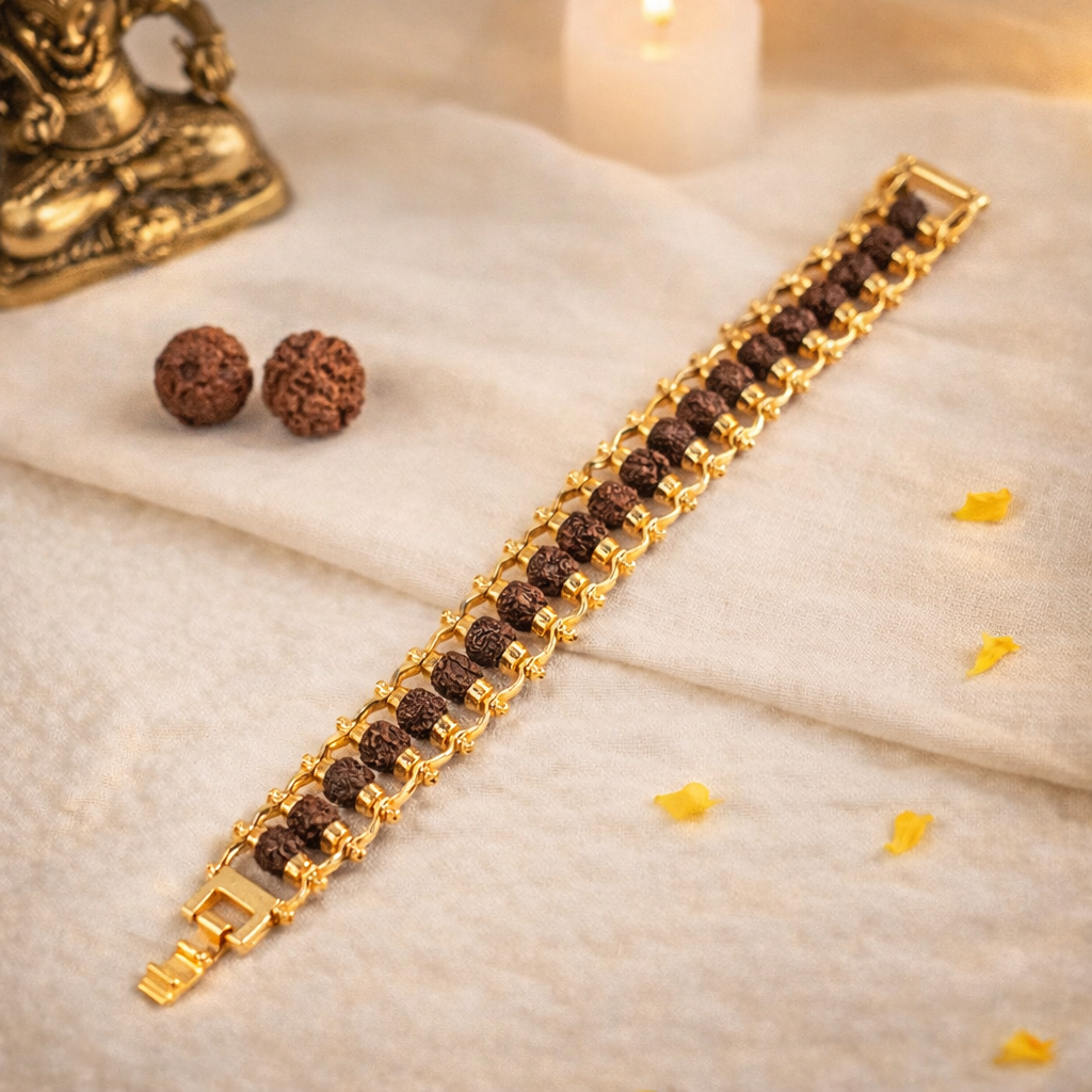 A premium Gold Plated Rudraksha bracelet featuring natural brown 5-faced (Panchmukhi) beads. Each bead is delicately encased in high-polish gold-plated caps and connected by a sturdy gold-toned chain, secured with a classic lobster claw clasp.