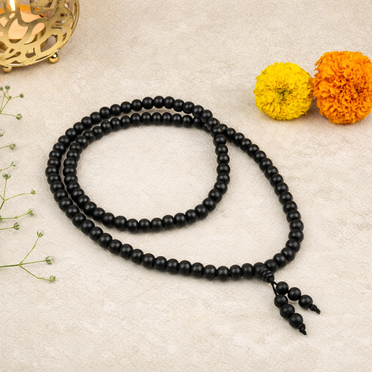 Natural 8mm Karungali Malai featuring 108+1 stretchable black ebony wood beads for spiritual meditation and daily wear