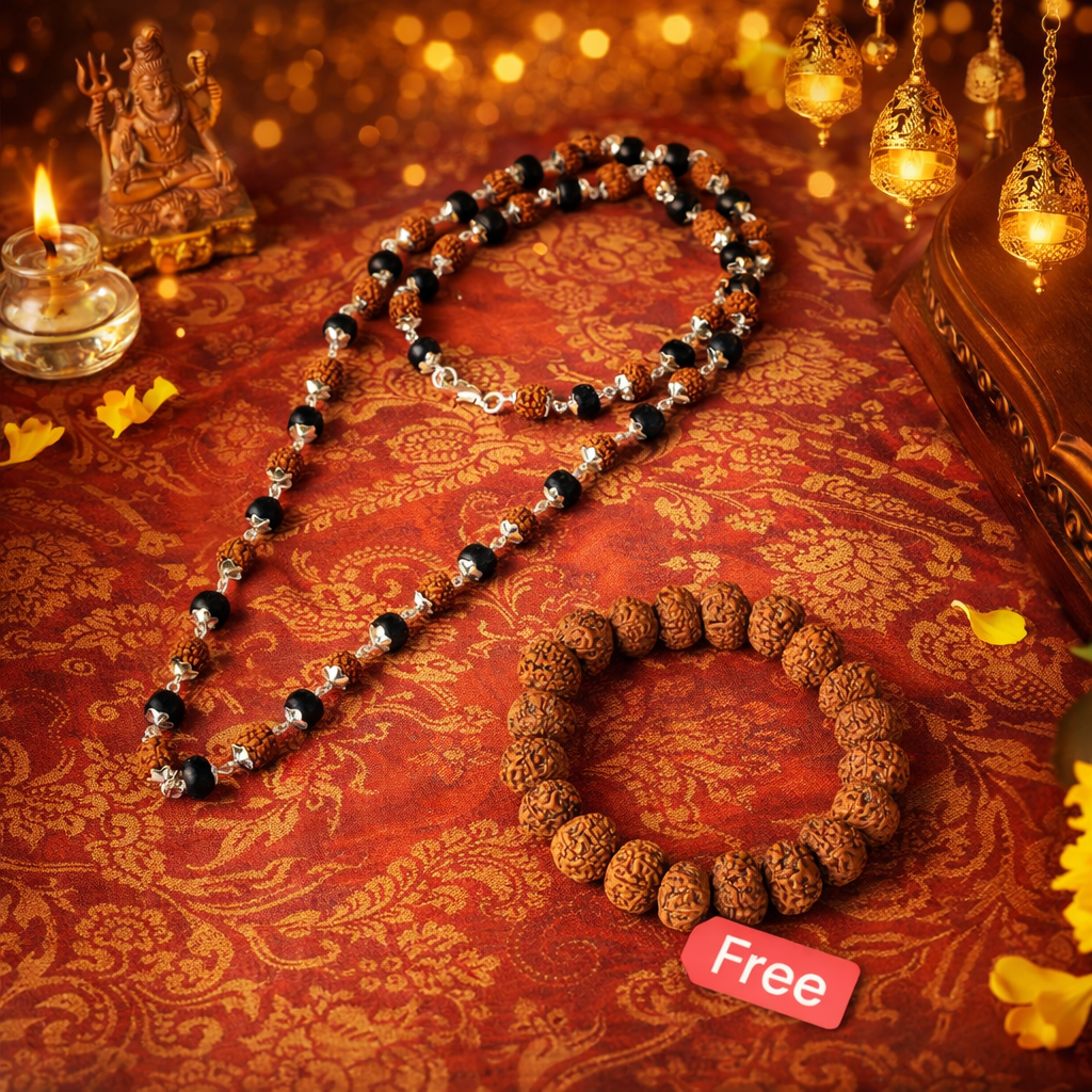 Authentic Divya Raksha Karungali and Rudraksha Mala set featuring a matching 7 Mukhi Rudraksha bracelet on a traditional spiritual background.