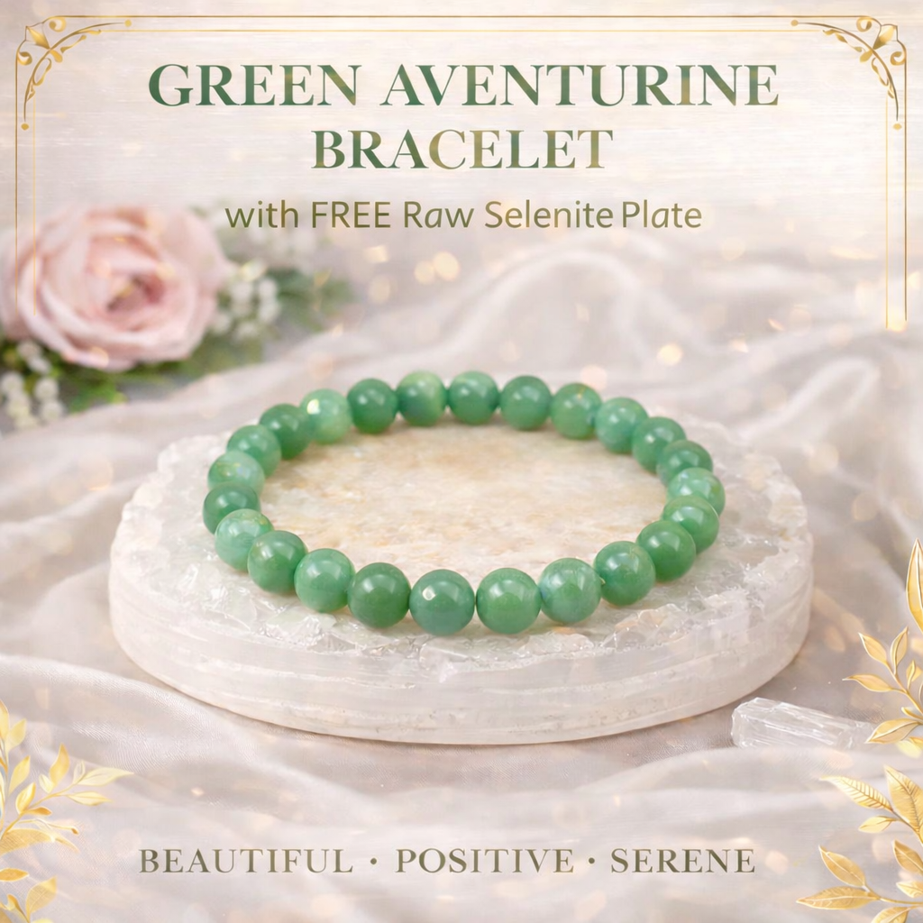 Natural Green Aventurine beaded bracelet resting on a raw white Selenite charging plate for luck and energy cleansing.