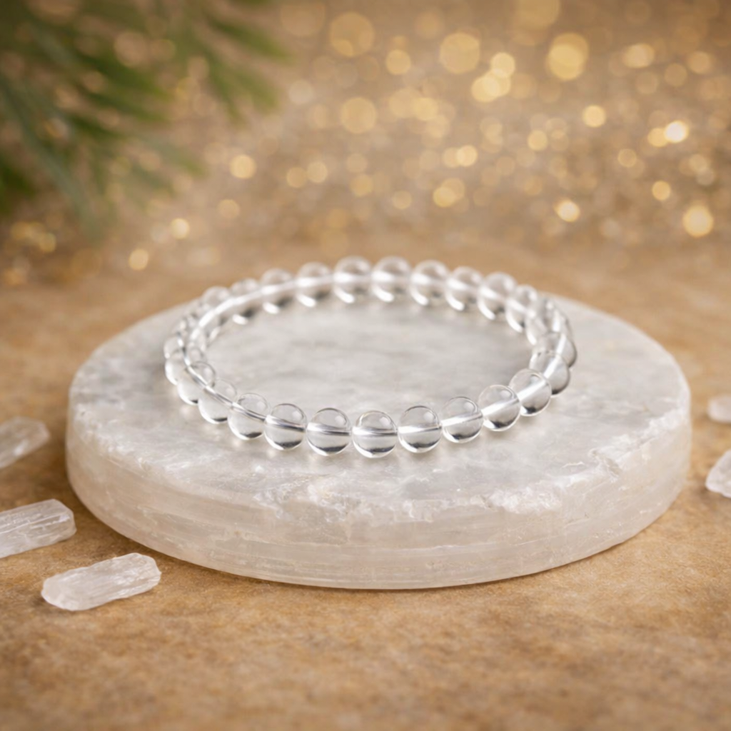 Natural Clear Quartz beaded bracelet resting on a raw white Selenite charging plate for energy amplification and cleansing.