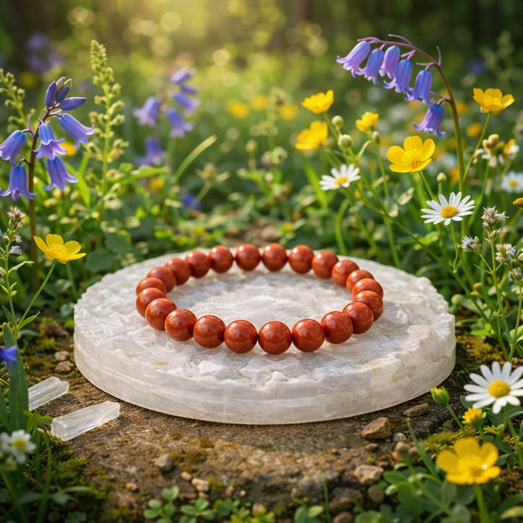 Natural Red Jasper beaded bracelet resting on a raw white Selenite charging plate for energy cleansing and grounding.