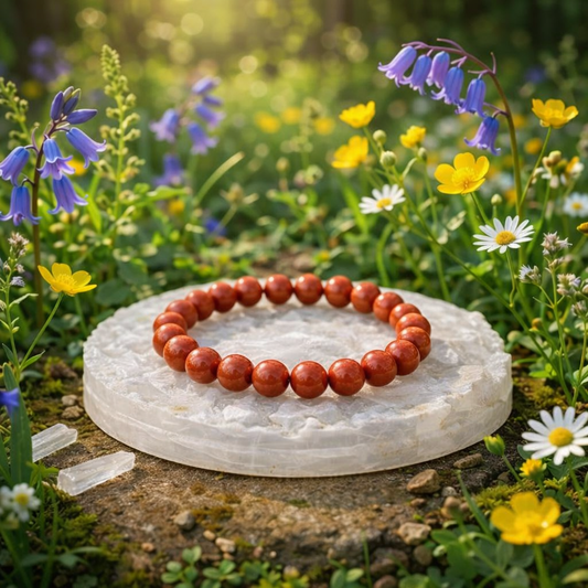 Natural Red Jasper beaded bracelet resting on a raw white Selenite charging plate for energy cleansing and grounding.
