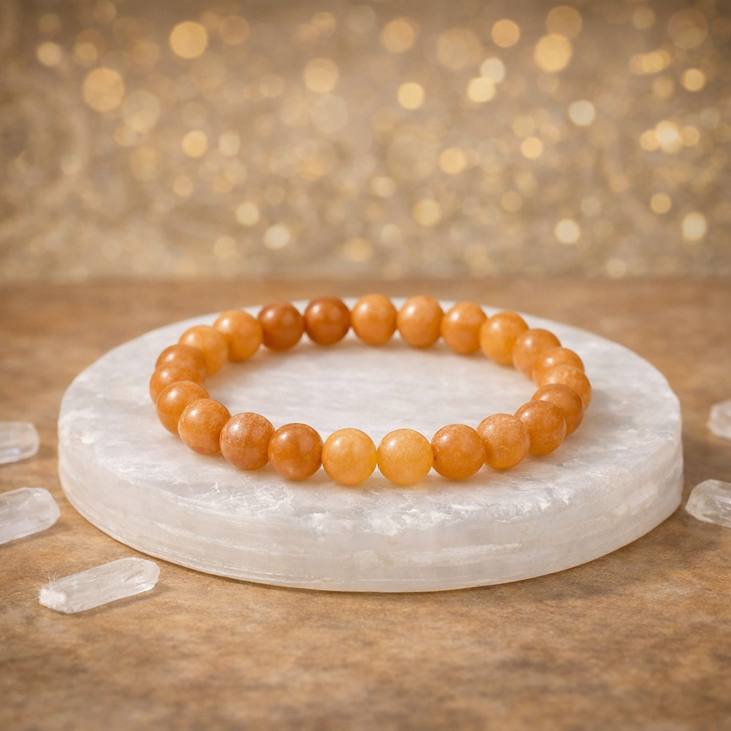 Natural yellow Citrine beaded bracelet resting on a raw white Selenite charging plate for wealth and energy cleansing.