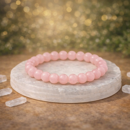 Natural Rose Quartz crystal bracelet with a raw Selenite charging plate for energy cleansing and heart chakra healing.