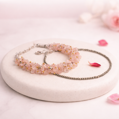 Raw golden Pyrite crystal anklet paired with a natural pink Rose Quartz chips bracelet for wealth and love.